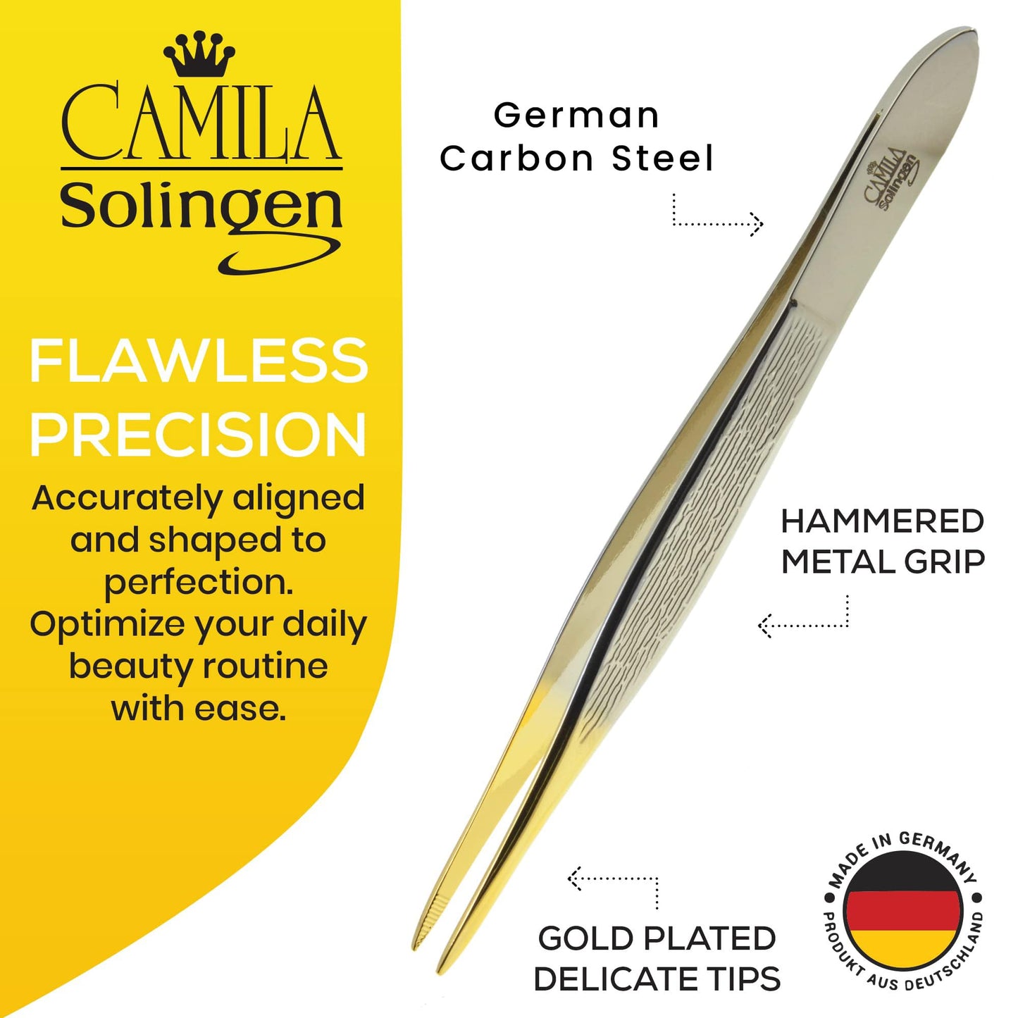 Camila Solingen CS32 3 1/2" Gold Tipped, Surgical Grade, German Carbon Steel Tweezers (Pointed) - Flawless Eyebrow and Facial Hair Shaping and Removal Beauty and Personal Care Camila Solingen