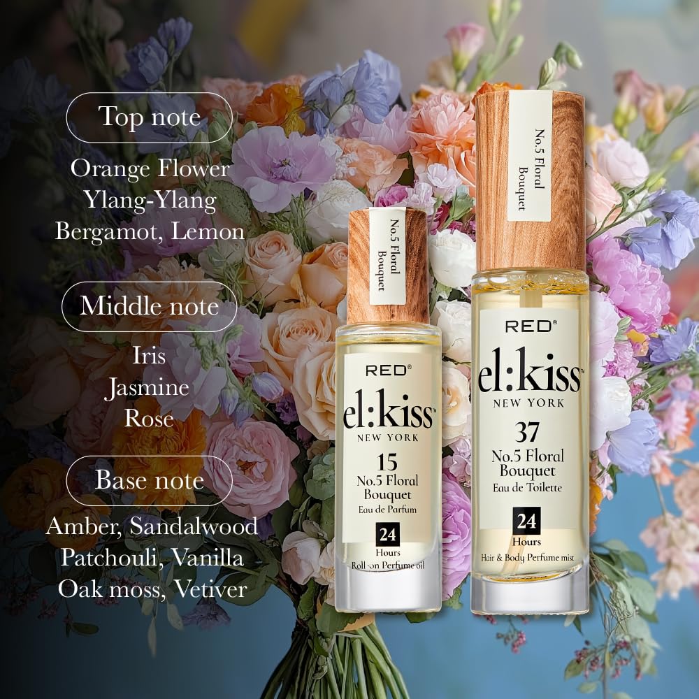 EL:KISS Roll On Perfume, No 5 Floral Bouquet, Eau de Parfum 12mL (.40 Fl Oz), Hydrating & Long-Lasting, Alcohol & Mineral Oil-Free, Infused Beauty & Personal Care EL:KISS