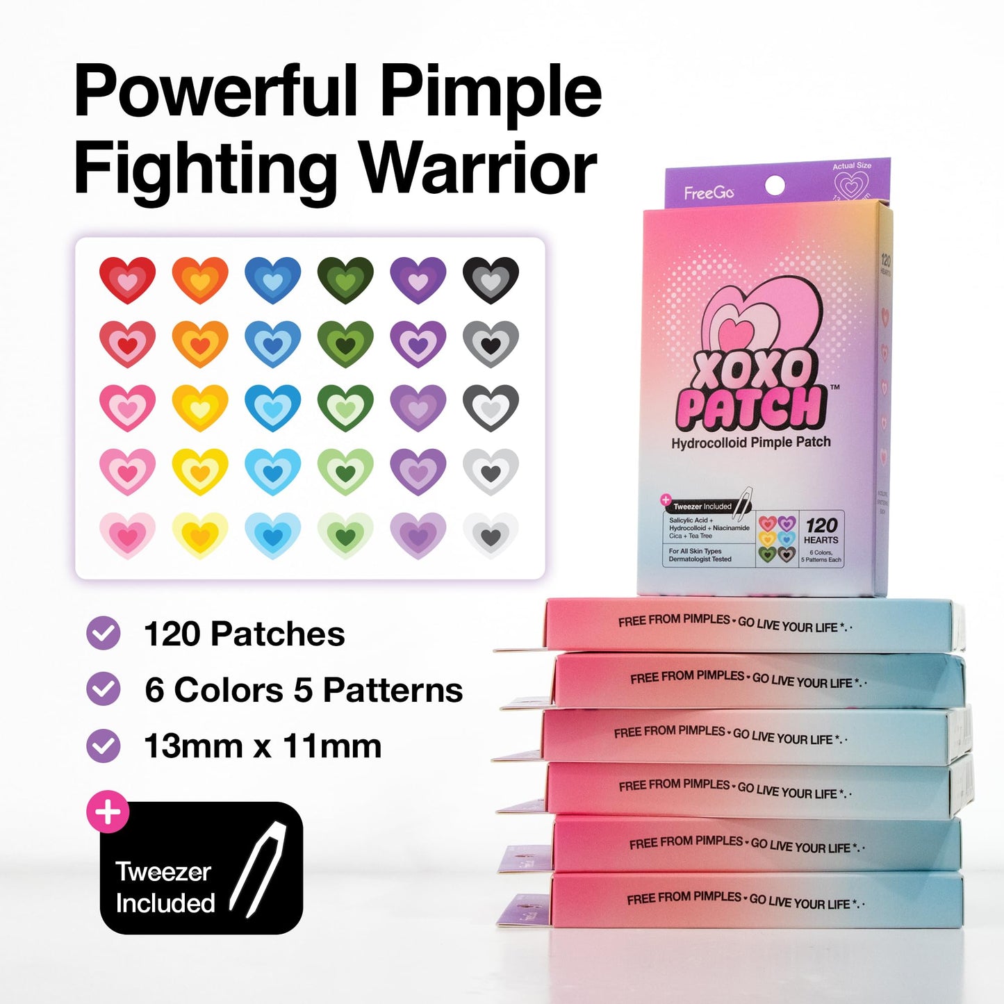 FreeGo XOXO Hydrocolloid Pimple Patch 120 Counts | Cute Colorful Heart Shape | Salicylic Acid, Niacinamide, CICA, Tea Tree | Made in Korea Beauty & Personal Care FreeGo