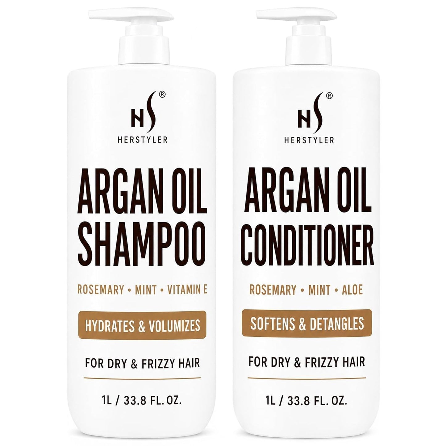 HerStyler Argan Oil Shampoo & Conditioner Set - Hydrating & Moisturizing for Dry, Damaged Hair - With Argan, Rosemary & Aloe - For Men & Women - 33.8 Beauty & Personal Care HerStyler