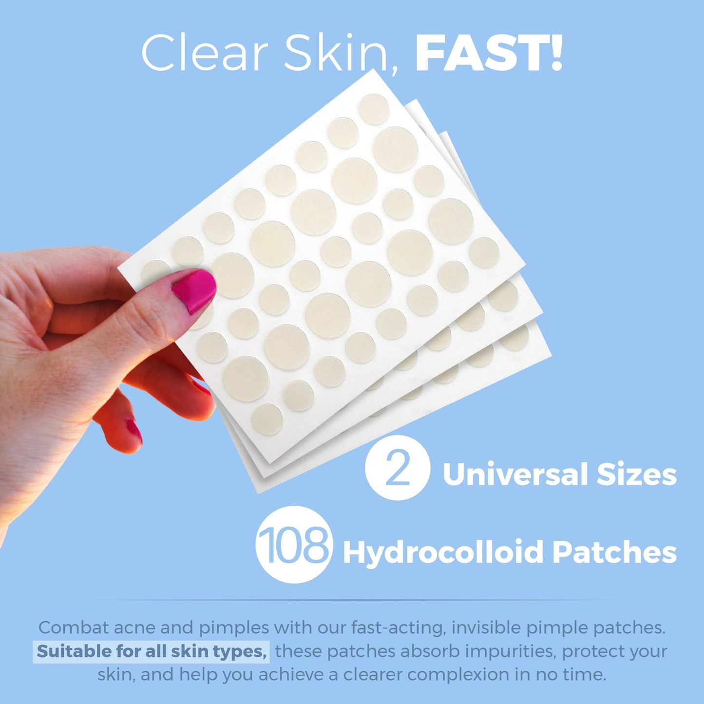 Acne Patches for Face - Hydrocolloid Bandages (108 Count) Pimple Patches for Face in 2 Universal Sizes, Acne Spot Treatment Care for Face & Skin Spot Beauty & Personal Care MEDca