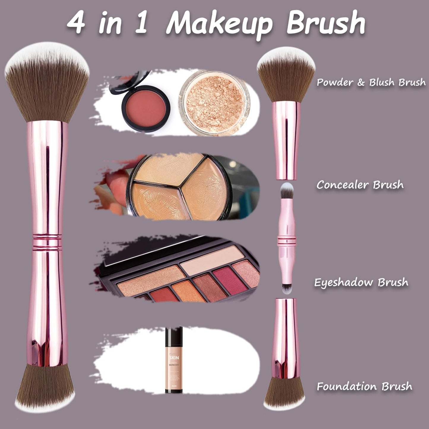 Voxora 4 in 1 Makeup Brush Set - All in One Powder/Blush, Foundation, Blending & Eyeshadow Brushes, Compact & Travel Essential Beauty & Personal Care Voxora