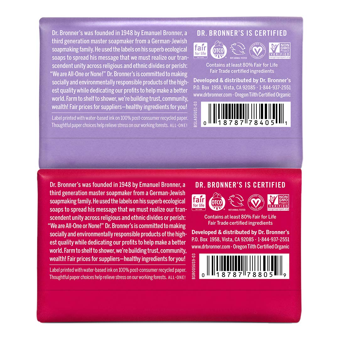 Dr. Bronner's - Pure-Castile Bar Soap (2-Pack Bundle, Rose & Lavender) - Made with Organic Oils, For Face, Body and Hair, Gentle and Moisturizing Beauty & Personal Care Dr. Bronner's
