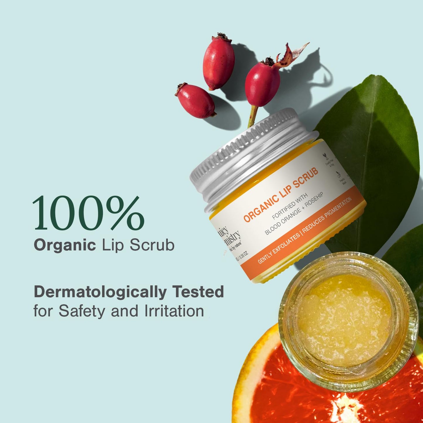 Juicy Chemistry Blood Orange & Rosehip Lip Scrub,10 g - Gentle Exfoliating Scrub For Dark Lips & Pigmentation - Organic Lip Exfoliator For Soft Beauty and Personal Care Juicy Chemistry