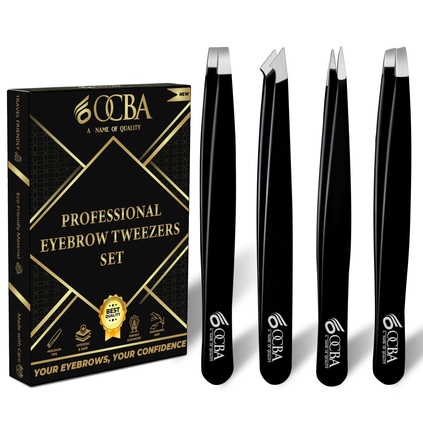 OCBA 4 Pcs Tweezers for Facial Hair Women & Men for Precise Grooming of Eyebrows - Professional Stainless Steel Black Color Coated Eyebrow Tweezers Beauty and Personal Care OCBA