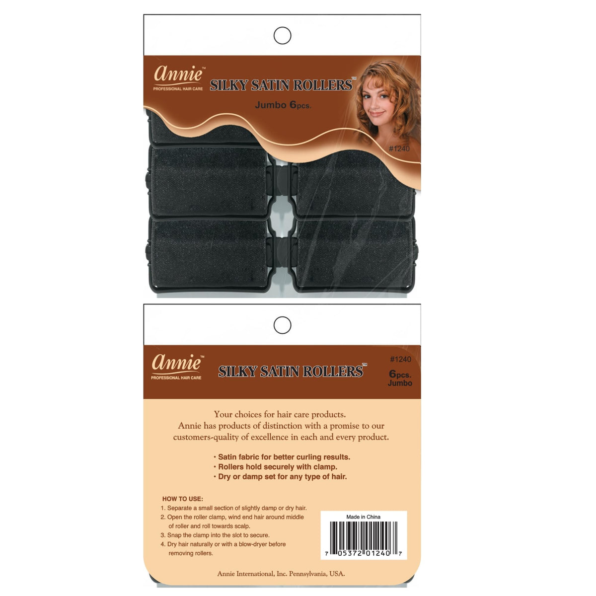Annie Silky Satin Jumbo Hair Rollers - 6 Pack Black Foam Sponge Curlers for Heatless Curls - Soft Sleep Styler Pillow Rollers for All Hair Types,