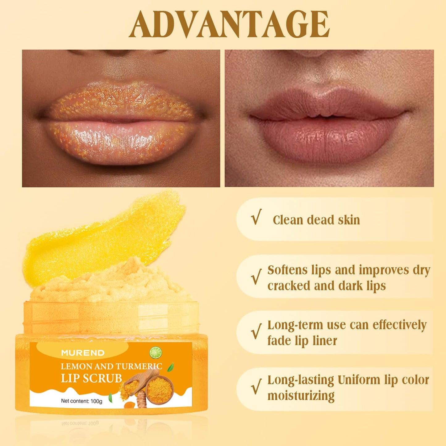 Turmeric Lemon Lip Scrub with Brush, Lip Scrubber Exfoliator for Dark Lips, Dry, Chapped Lips, Reduce Fine Lines, Natural Nourish Sugar Lip Scrub Beauty and Personal Care MUREND