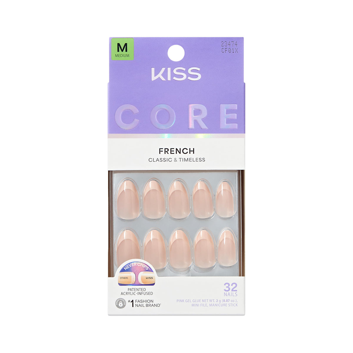 Kiss Core, Press On Nails, Nail glue included, 'Dancing on Clouds', Pink, Medium Size, Almond Shape, Includes 32 Nails, 2g Glue, 1 Manicure Stick, 1
