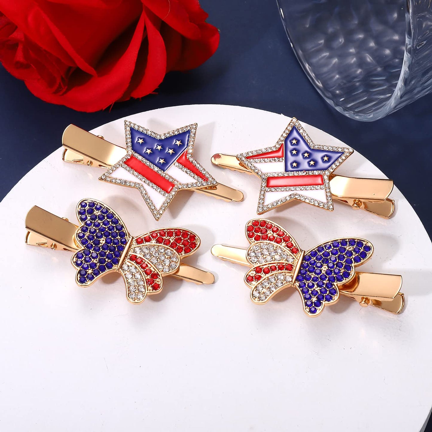 4th of July Patriotic Hair Clips Rhinestone American Flag Star Heart Bows Alligator Metal Clips Crystal Red White and Blue USA Independence Day Beauty & Personal Care BVGA