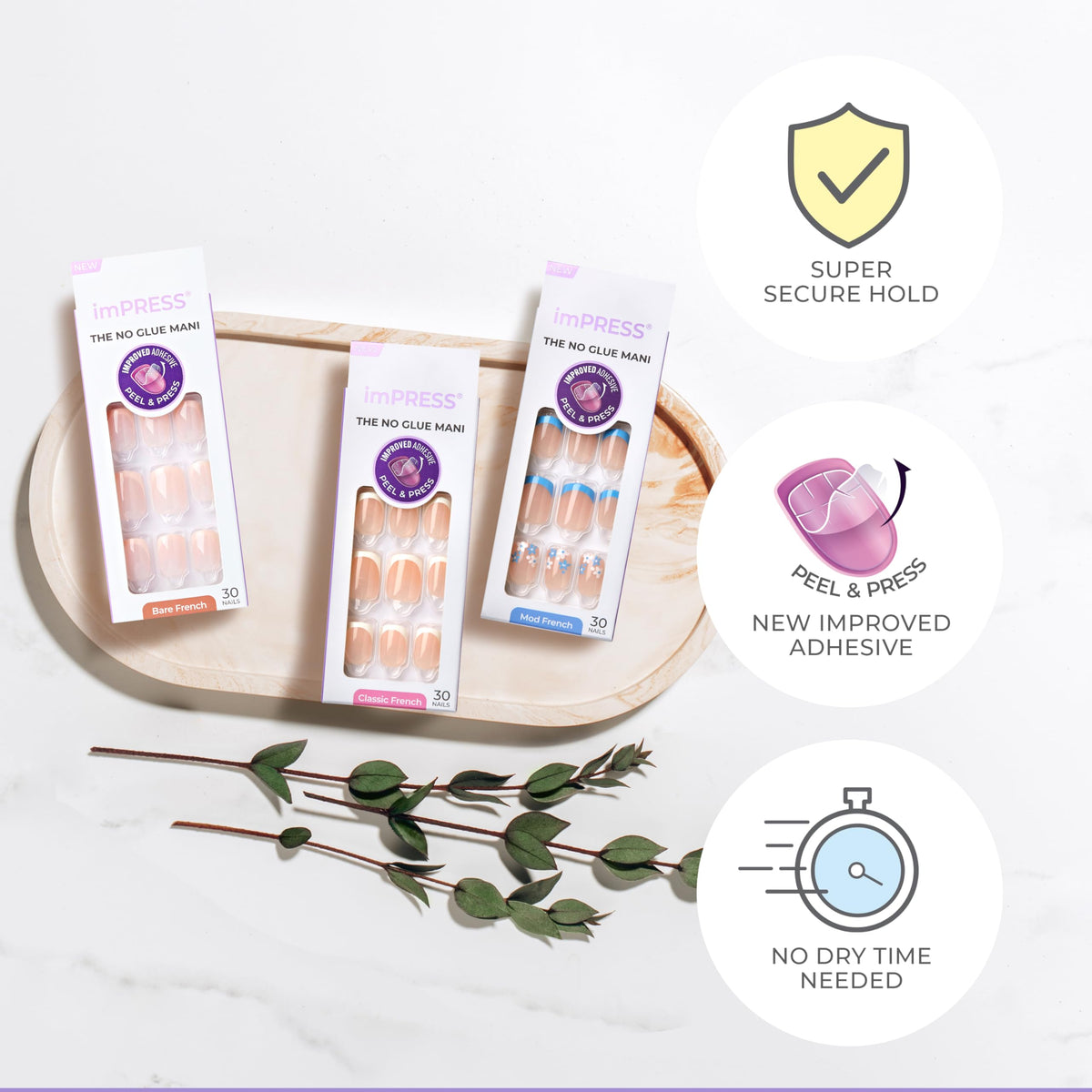 KISS imPRESS No Glue Mani Press On Nails, French, 'Ditto', Light Neutral + Pink Tip French, Short Size, Oval Shape, Includes 30 Nails, Prep Pad