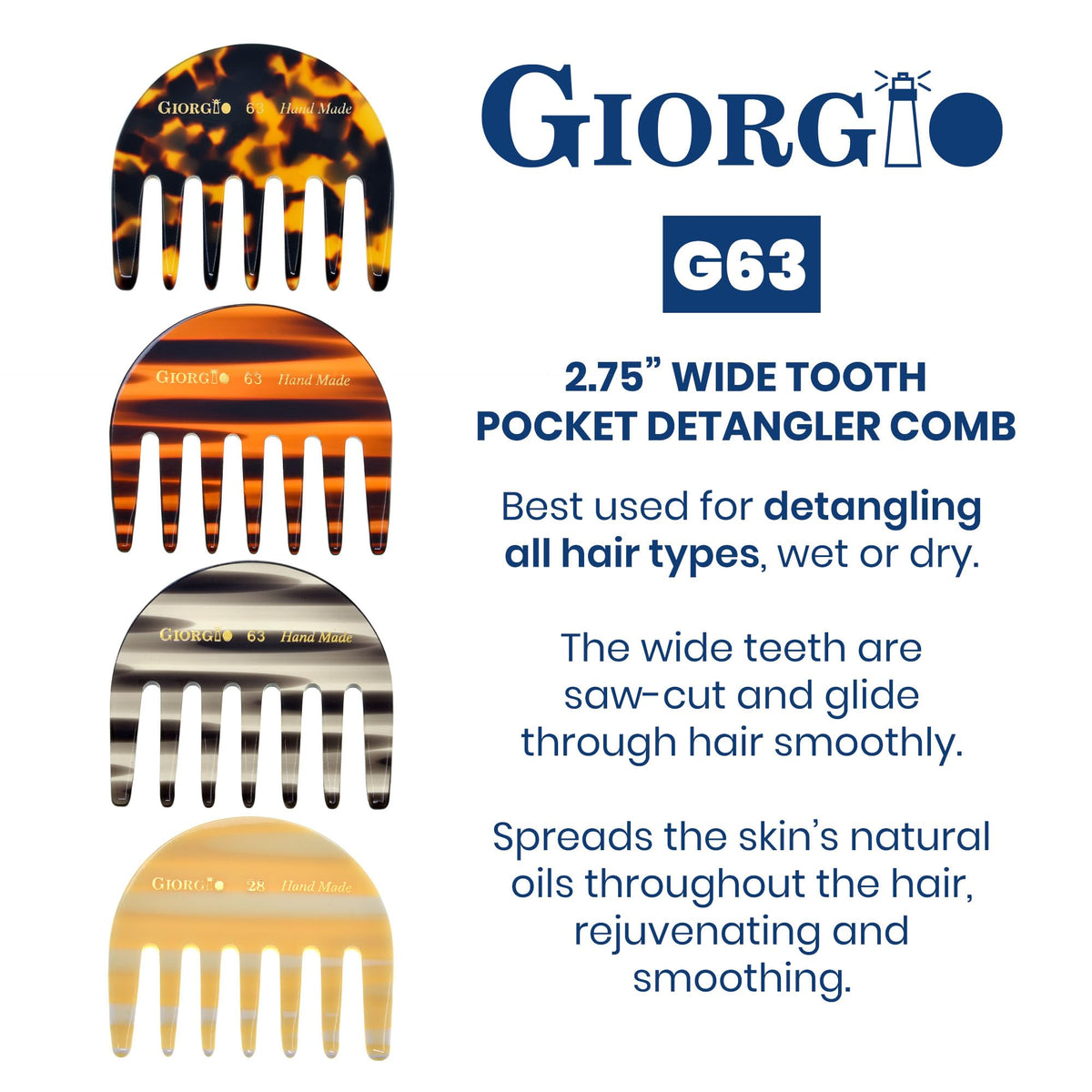 Giorgio G63 Detangling Comb for Women - Wide Tooth, Pocket and Travel Size for Thick Hair, Wet or Dry Everyday Care. Handmade, Saw-Cut, and Polished
