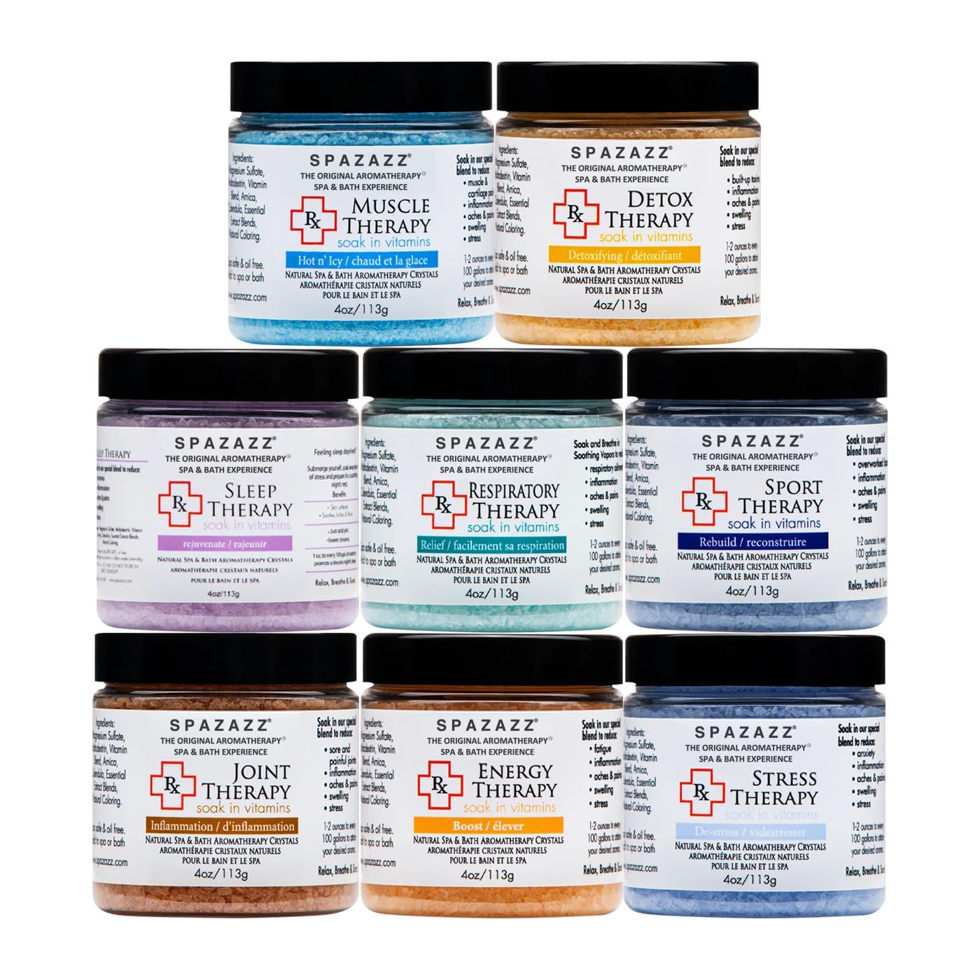Spazazz RX Therapy Hot Tub Spa and Bath Aromatherapy Salt Crystals 4oz 8 Pack Sample Bundle Includes Muscle - Joint - Detox - Stress - Respiratory Beauty and Personal Care Spazazz