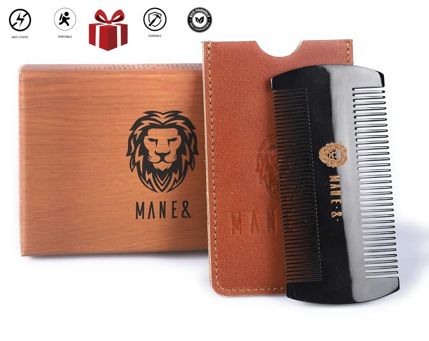 Premium 100% Oxhorn Dual-Action Beard Comb with Genuine Leather Case - the Perfect Beard Grooming Gift for Men by Man & Mane. Beauty & Personal Care MAN & MANE