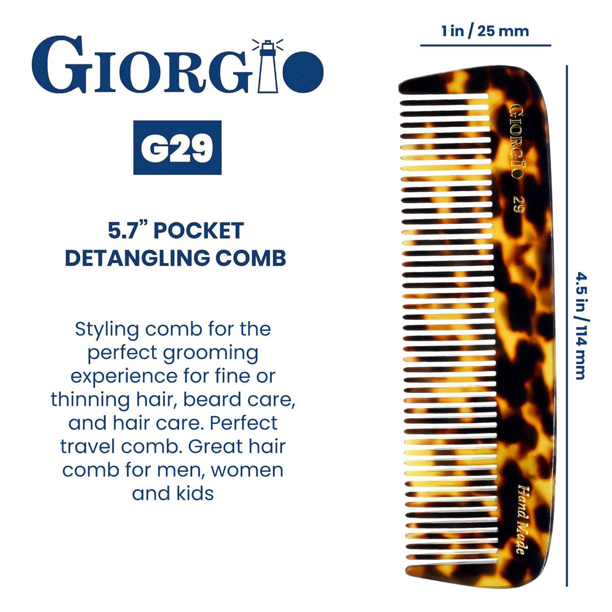 Giorgio G29 Handmade All Fine Tooth Pocket Comb for Men, Hair Comb Straightener for Everyday Grooming Styling Hair, Mustache and Beard for Men Women