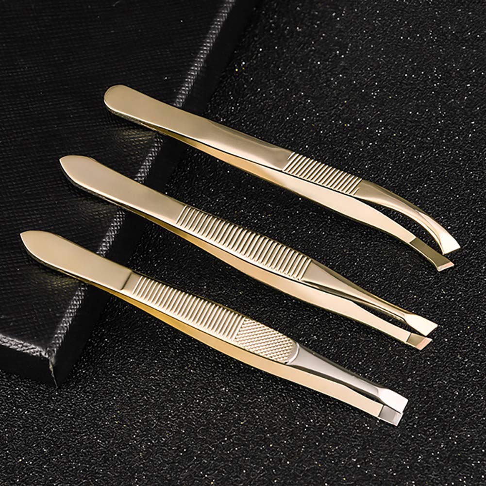 Tvoip 3Pcs Eyebrow Tweezer Golden Stainless Steel Slant/Flat Tip Curved Forceps Hair Removal Cosmetic Makeup Tool Kit Face Trimmer Beauty and Personal Care Tvoip