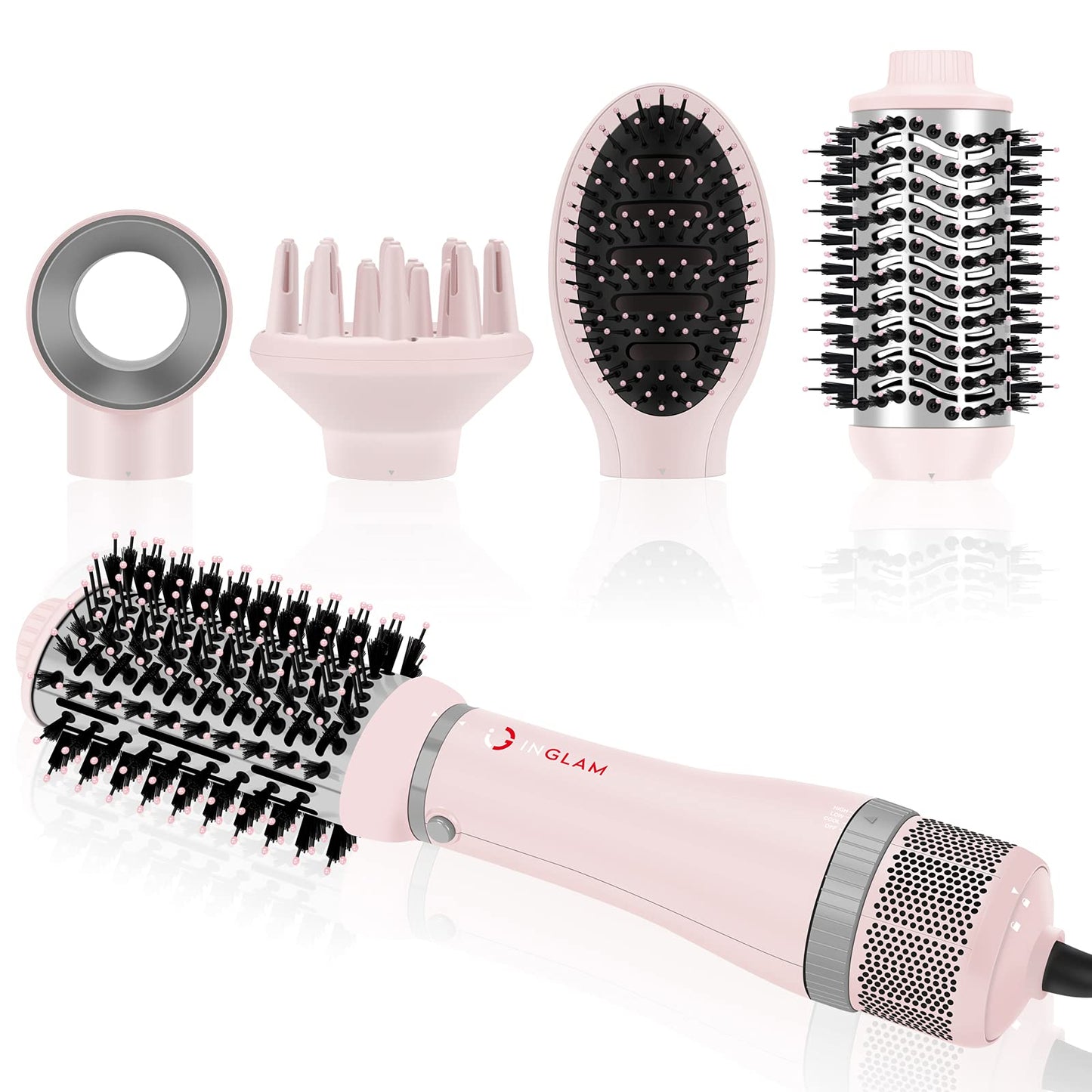 IG INGLAM 4 in 1 Blowout Hair Dryer Brush Set - Negative Ion Detachable Hair Dryer, Volumizer Styler with 2 Brush Heads, Pink Beauty & Personal Care IG INGLAM