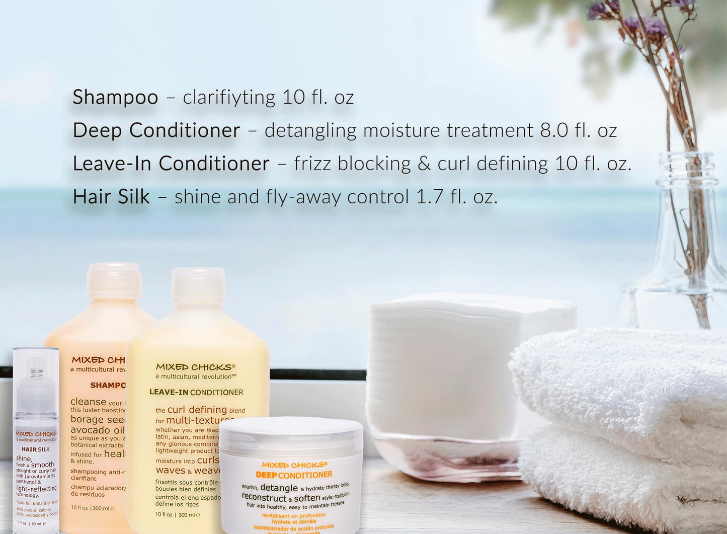 Mixed Chicks Quad Pack - Shampoo 10 fl. oz., Deep Conditioner, 8.0 fl. oz., Leave-In Conditioner, 10 fl. oz., Hair Silk, 1.7 fl. oz Beauty & Personal Care Mixed Chicks