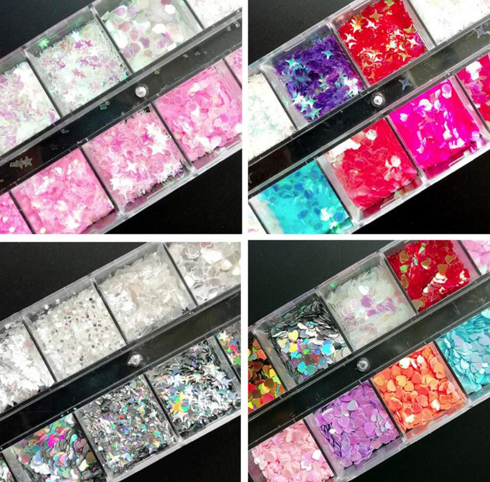 AddFavor 4 Boxes Holographic Nail Sequins Mixed Shapes Iridescent Glitter Flakes Hearts Star Moon DIY Design Manicure Nail Art Decorations Sets Beauty & Personal Care AddFavor