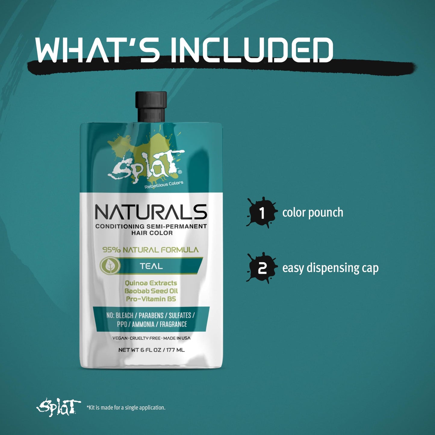Splat Naturals Semi-Permanent Hair Color, Teal, 6 fl. oz., 95% Natural Hair Dye Formula Lasts Up to 30 Washes, Vegan & Cruelty-Free Semi Permanent Beauty & Personal Care Splat