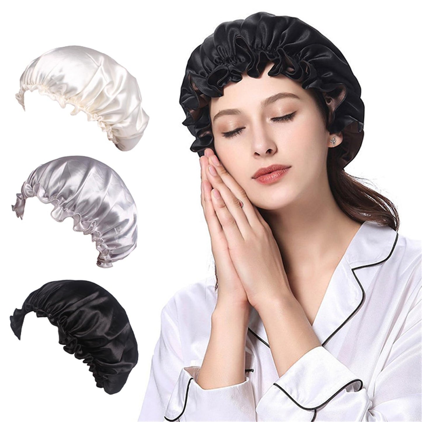 CHYLMAPHEN Lace Sleeping Hat Multifunctional Hair Care Cap Shower Cap Makeup Cap Silk Home Hat Suitable for Curly for Sleeping Use(Silver) Beauty and Personal Care CHYLMAPHEN