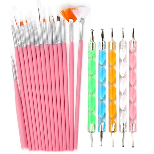 20pc Nail Art Painting Brush Pen Tools Kit UV Gel Building Drawing Linering Brushes Set Mandala Nail Dotting Pens (Pink) Beauty & Personal Care Lifextol