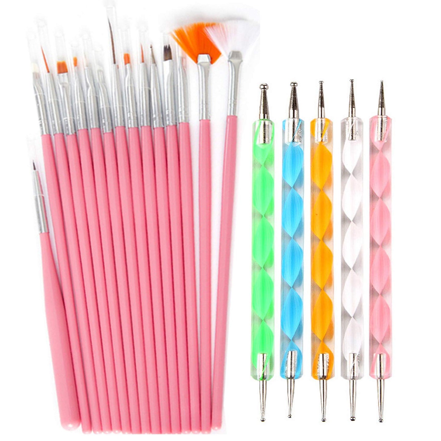 20pc Nail Art Painting Brush Pen Tools Kit UV Gel Building Drawing Linering Brushes Set Mandala Nail Dotting Pens (Pink) Beauty & Personal Care Lifextol