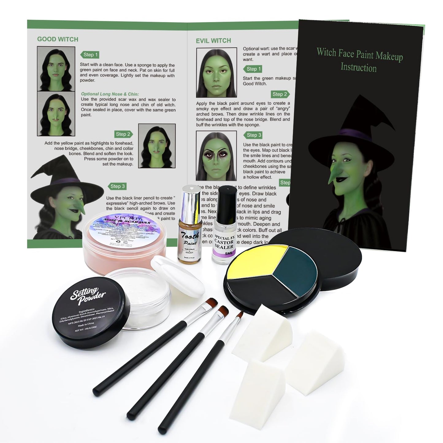 Halloween Witch Makeup Kit, SFX Character Set with Face Paint, Complete SFX Set for Halloween, with Scar Wax for Special Effects Costume Makeup Beauty & Personal Care Js2U ZW