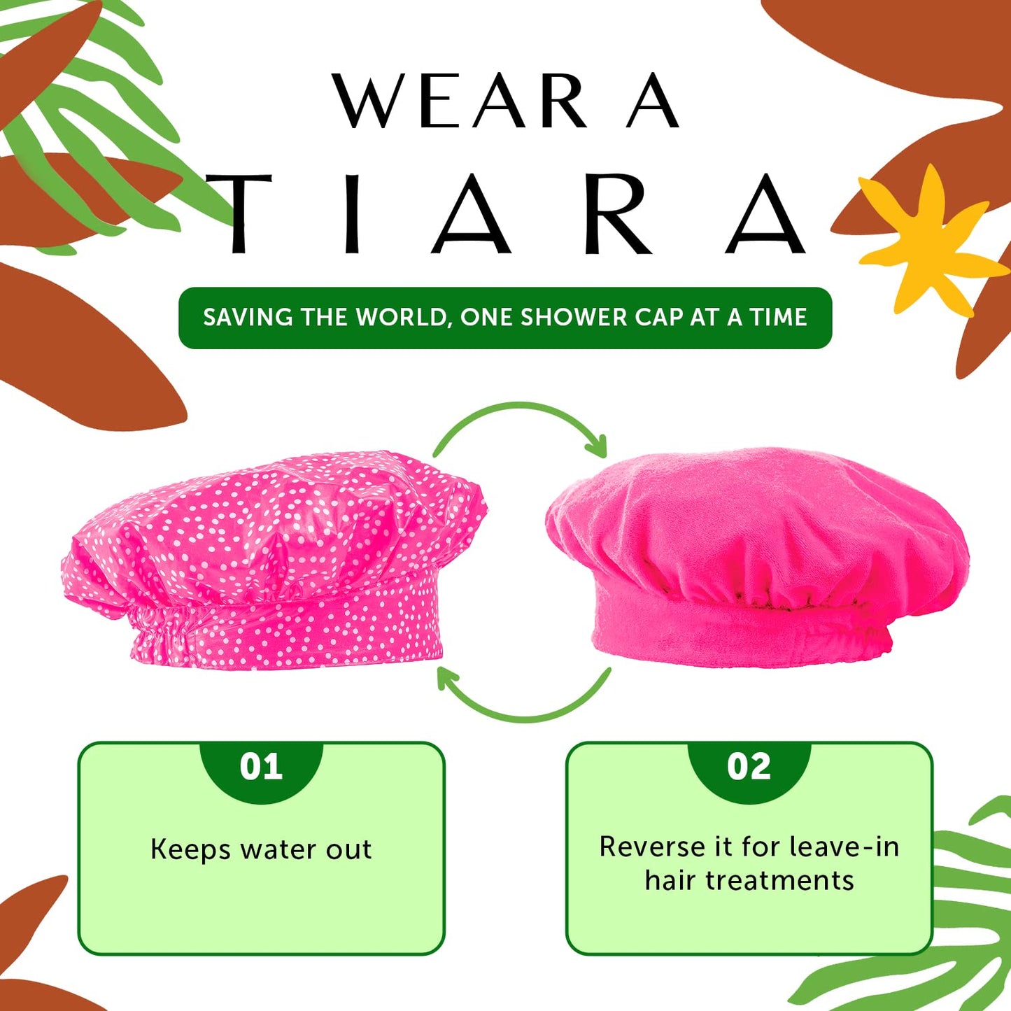 TIARA 2-in-1 Luxury Shower Cap for Women Reusable Waterproof - Hair Cap for Long & Short Hair - All Size Fit Flexi Shower Cap, Terry Lined Leakproof Beauty & Personal Care TIARA Shower Cap