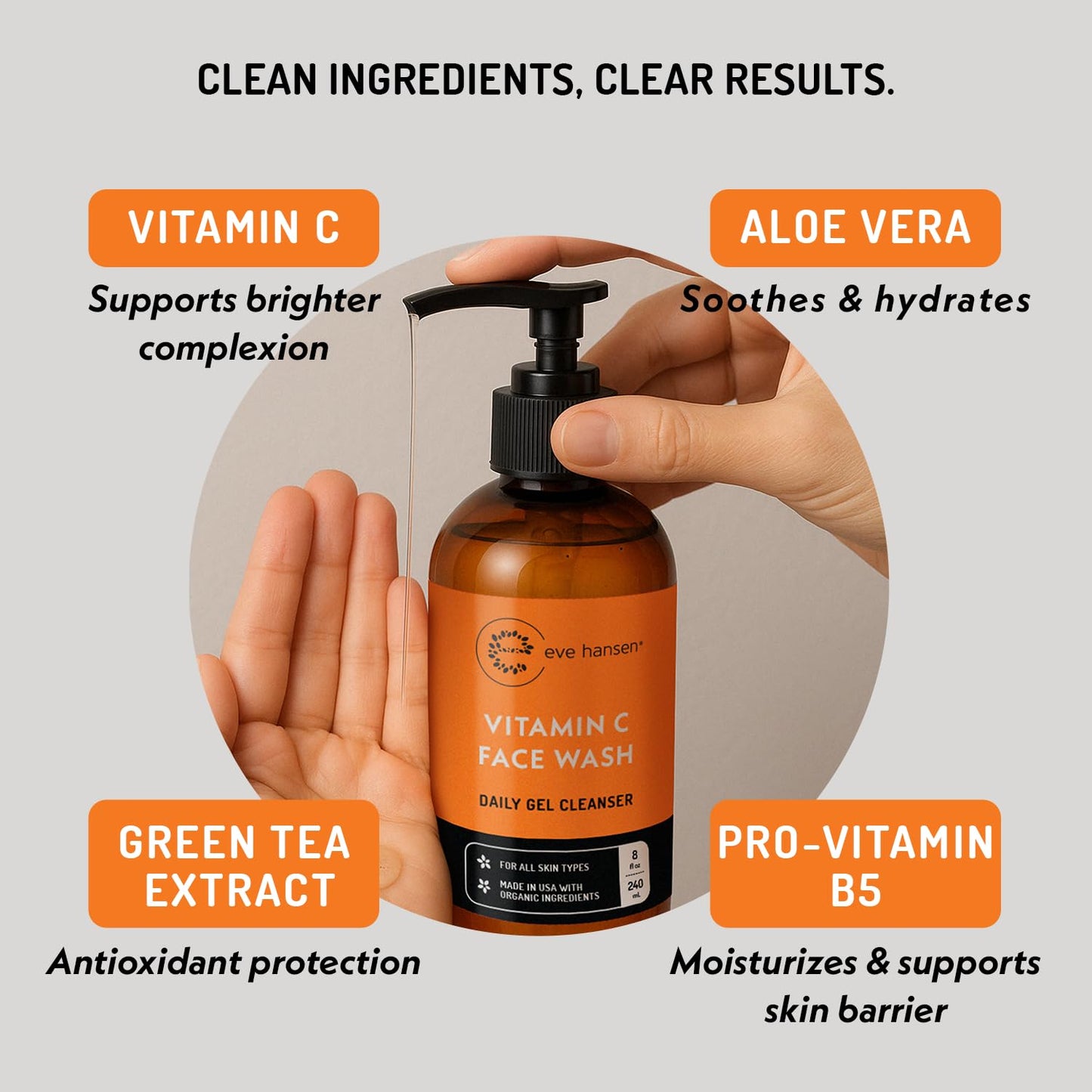 Vitamin C Cleanser Face Wash - HUGE 8 oz Gentle Facial Cleansing Gel for Uneven Skin Tone, Age Spots and Fine Lines - Natural Face Soap with Aloe Beauty & Personal Care Eve Hansen