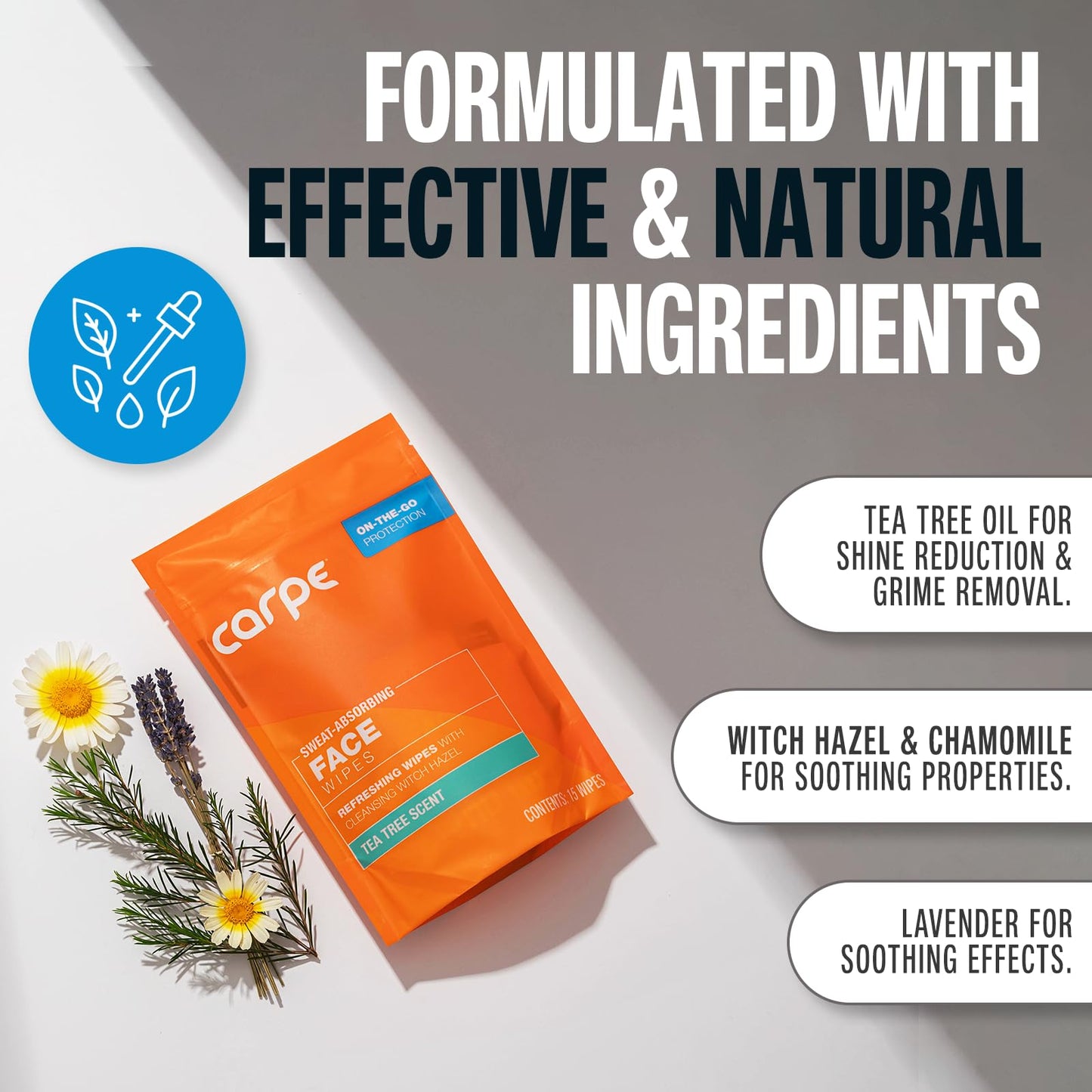 Carpe Sweat Absorbing Face Wipes (15 Facial Wipes). Witch Hazel & Tea Tree Oil Wipes Infused with Eucalyptus. Energizing, Refreshing, and Soothing Beauty & Personal Care Carpe