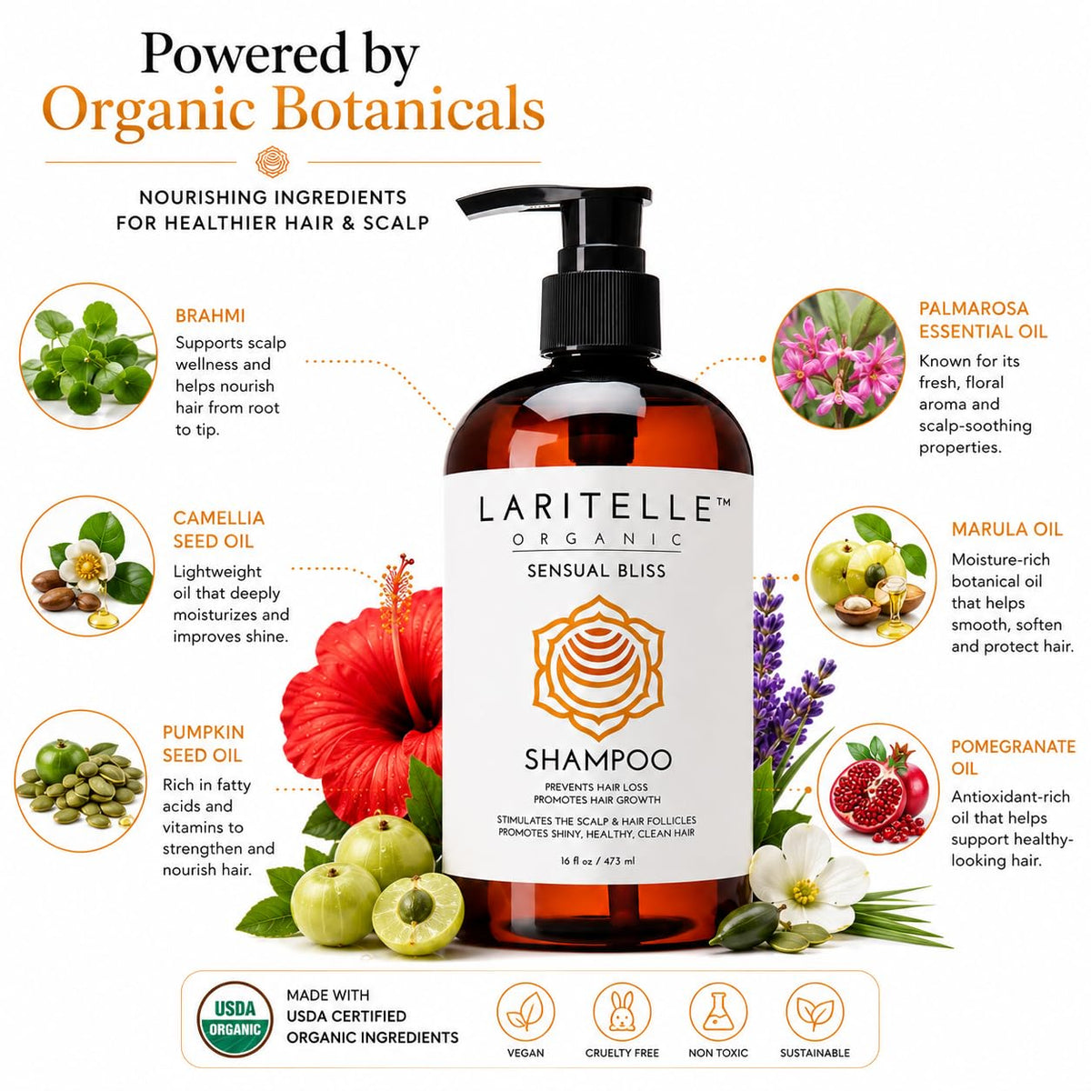 Laritelle Organic Shampoo Sensual Bliss 17.5 oz | Argan Oil, Rosemary, Palmarosa | Sulfate-Free, Vegan, Color-Safe
