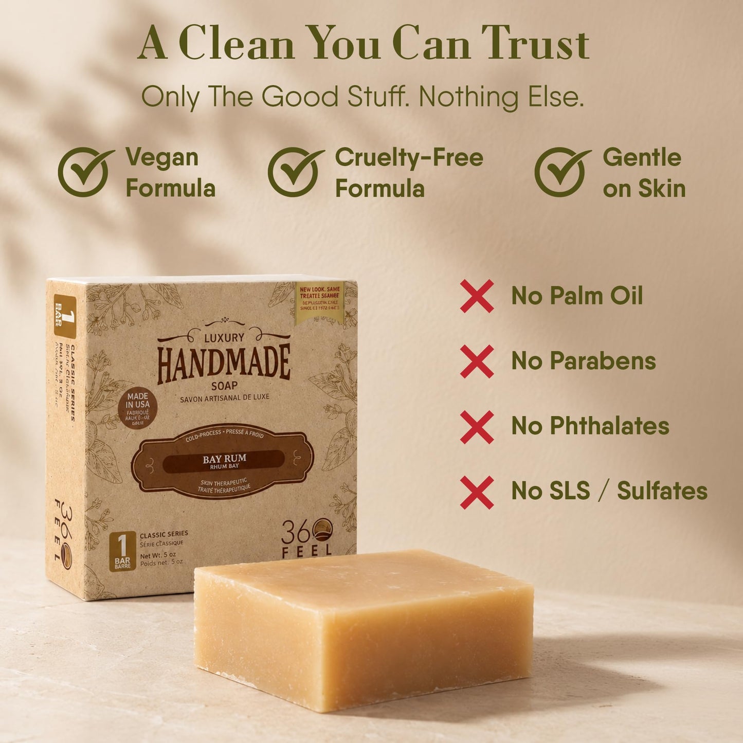 360Feel Bay Rum Bar Soap - Made in the USA - Castile Handmade, All-Natural, Cold-Processed - Bay Rum Essential Oil - Moisturizing with a Spicy Scent Beauty & Personal Care 360Feel