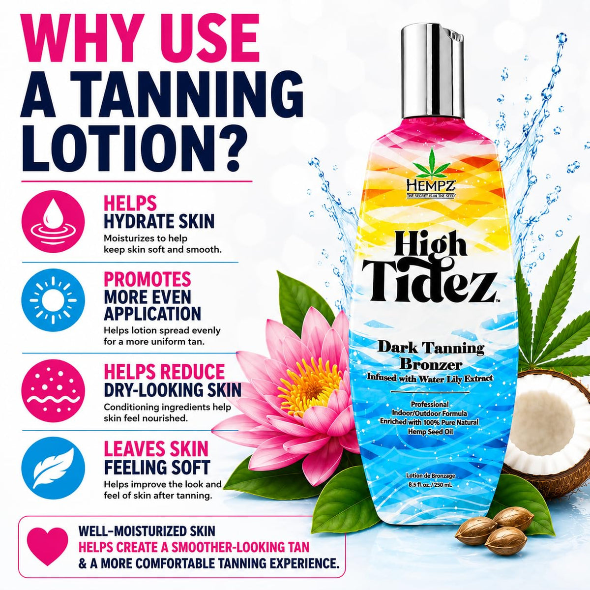 Hempz High Tidez Dark Tanning Bronzer Infused with Water Lily Extract Indoor/Outdoor 8.5oz
