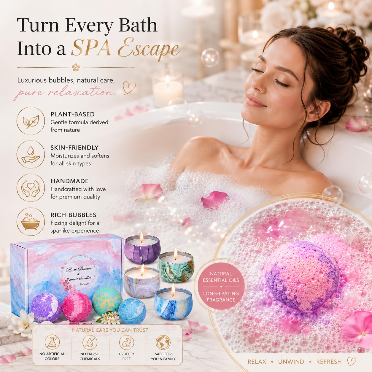 Bath Bombs Gift Set - 5 Large Fizzy Spa Bombs with 4 Scented Candles for Women - Moisturizing Bubble Bath with Essential Oils for Valentine's Beauty and Personal Care OFUN