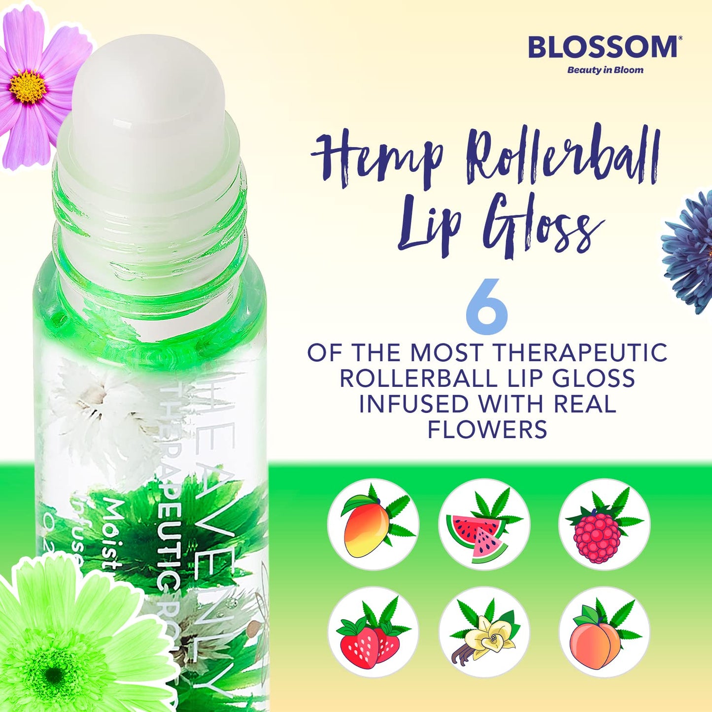 Blossom Roll on Lip Gloss, Scented Clear High Shine Moisturizing Lip Oil, Non Sticky, Infused with Real Flowers, Made in USA, 0.2oz, Vanilla Hemp Beauty & Personal Care Blossom