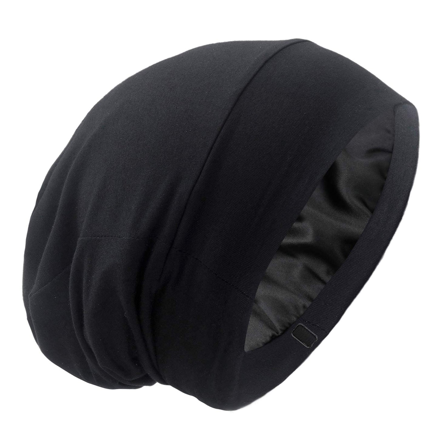 Silk Satin Lined Bonnet Sleep Cap - Adjustable Stay on All Night Hair Wrap Cover Slouchy Beanie for Curly Protection Women and Men Solid Black Beauty and Personal Care GB Selected