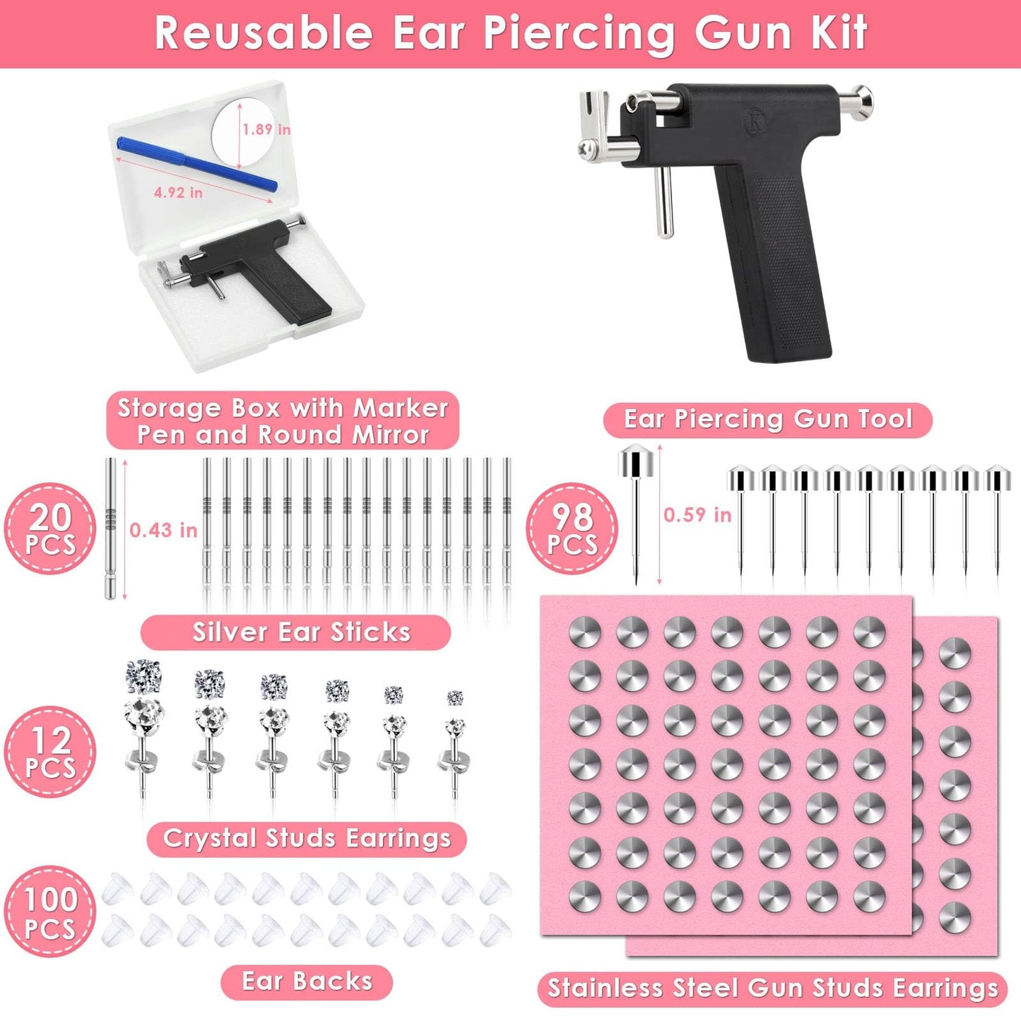 Professional Ear Piercing Gun Kit, Reusable Piercing Gun with Stainless Steel Piercing Earrings Studs, Crystal Earrings for At Home Salon Earlobe Beauty and Personal Care Evatage