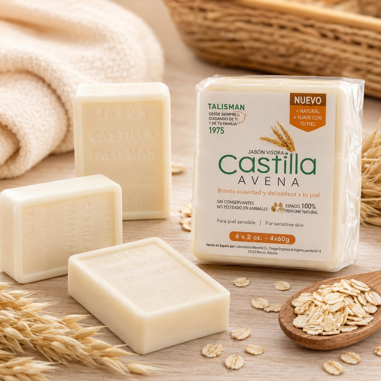 TALISMÁN Castilla Oatmeal Soap - 100% Natural and Preservative-Free for Sensitive Skin - Provides Softness and Elasticity, 2 oz Bars - 4-PACK Beauty & Personal Care TALISMÁN