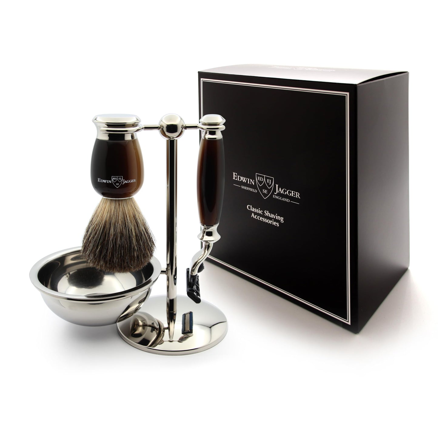 Edwin Jagger S81M582BAMZ Imitation Light Horn & Nickel Classic Shaving Set with Bowl with a Pure Badger Shaving Brush and Mach 3 Razor for Shaving Beauty and Personal Care Edwin Jagger