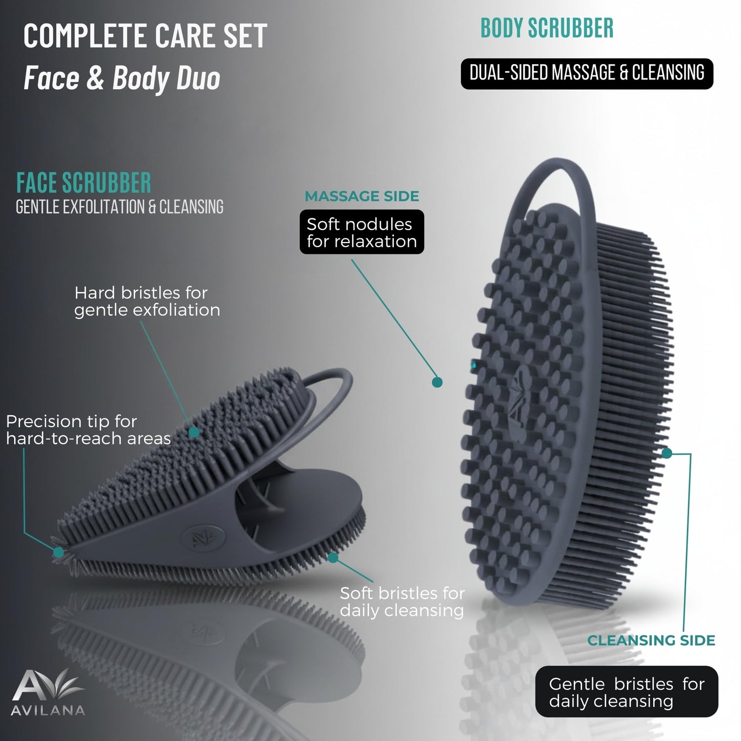 Avilana Premium Body Scrubber and Face Brush Set - Trusted Since 2017 - SGS Certified Silicone 2-in-1 Shower Kit, Dual Sided Gentle Exfoliating Loofah Beauty & Personal Care Avilana