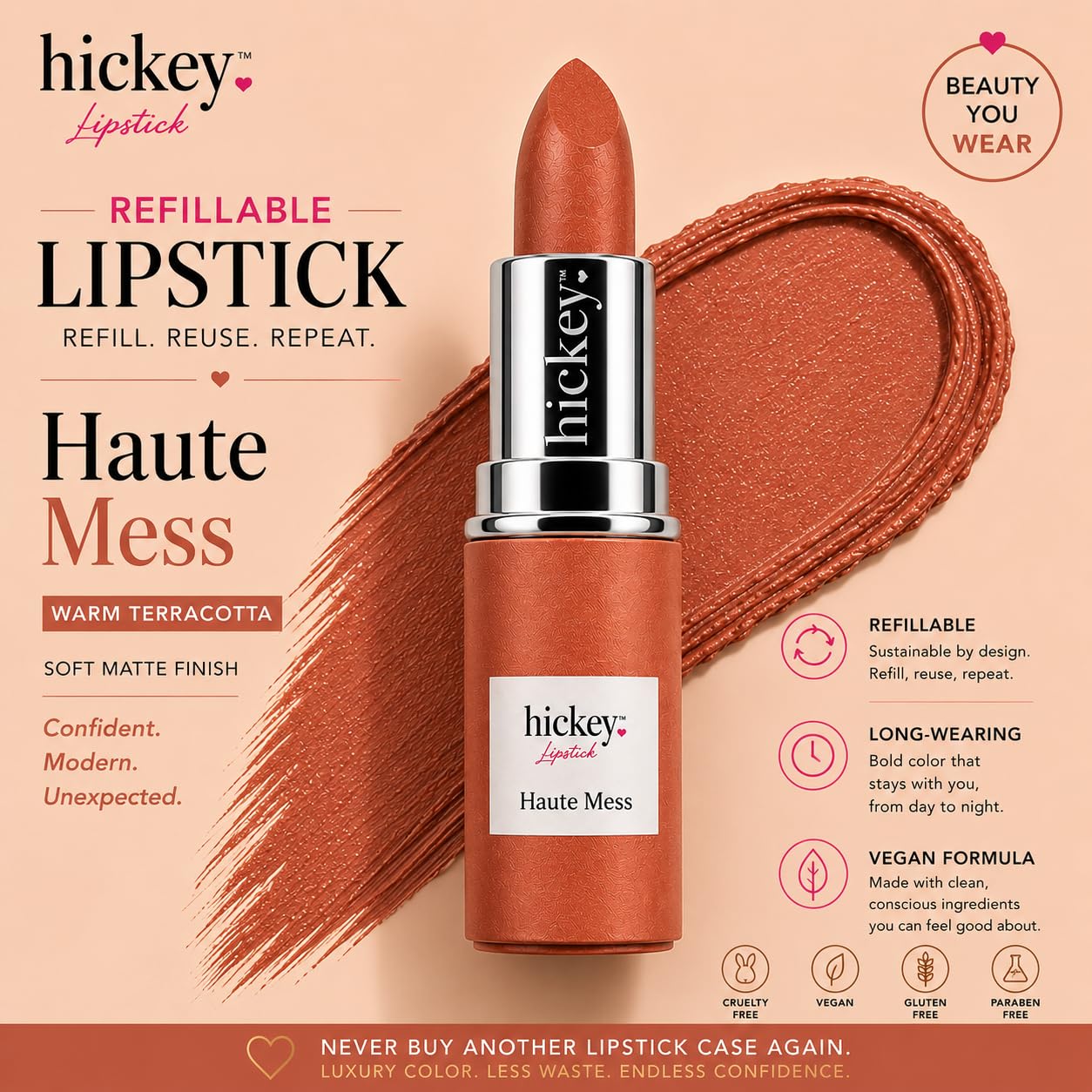 Hickey Lipstick Refill - Haute Mess (Terracotta) - Hydrating Formula with Jojoba Oil, Long Lasting Velvet Finish Lipstick for Women - Vegan & Beauty & Personal Care Hickey