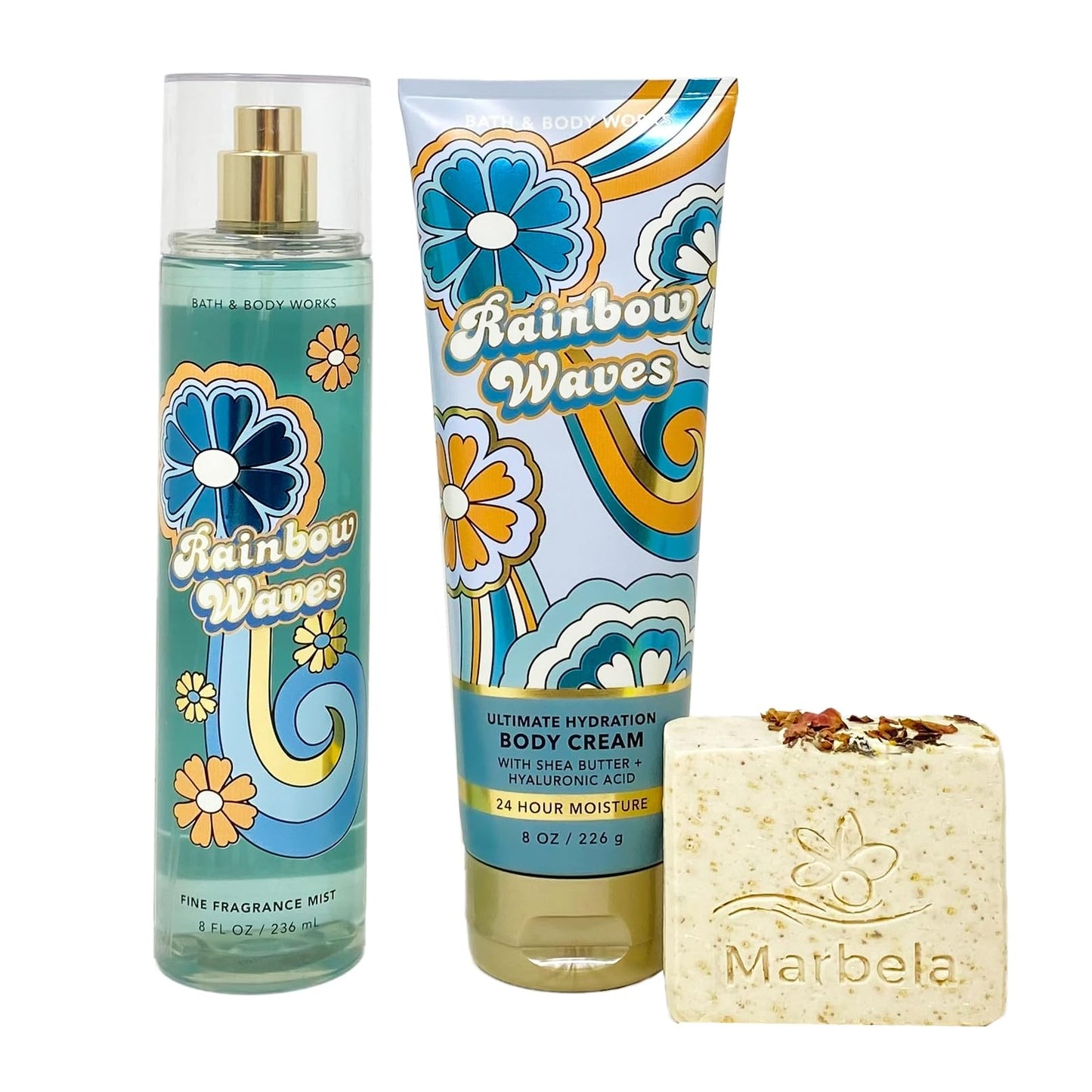 Bath & Body Works Rainbow Waves Duo Gift Set - Fragrance Mist and Body Cream - with a Creamy Rose Bar Soap - Full Size Beauty and Personal Care Bath & Body Works