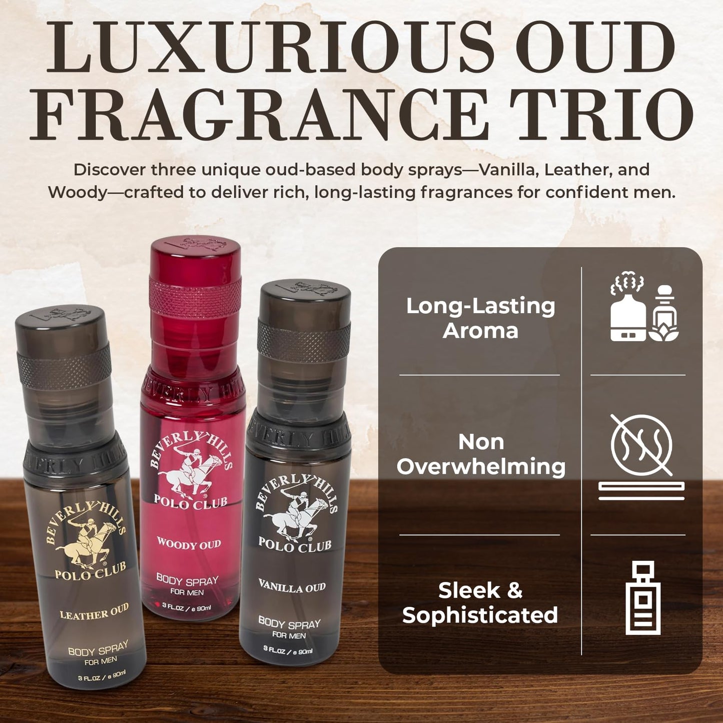 Beverly Hills Polo Club Mens Body Spray Gift Set - 3pc Collection of Oud Fragrances (Vanilla, Leather & Woody) in Sleek 3oz Bottles - Long-Lasting Beauty & Personal Care Beverly Hills Polo Club