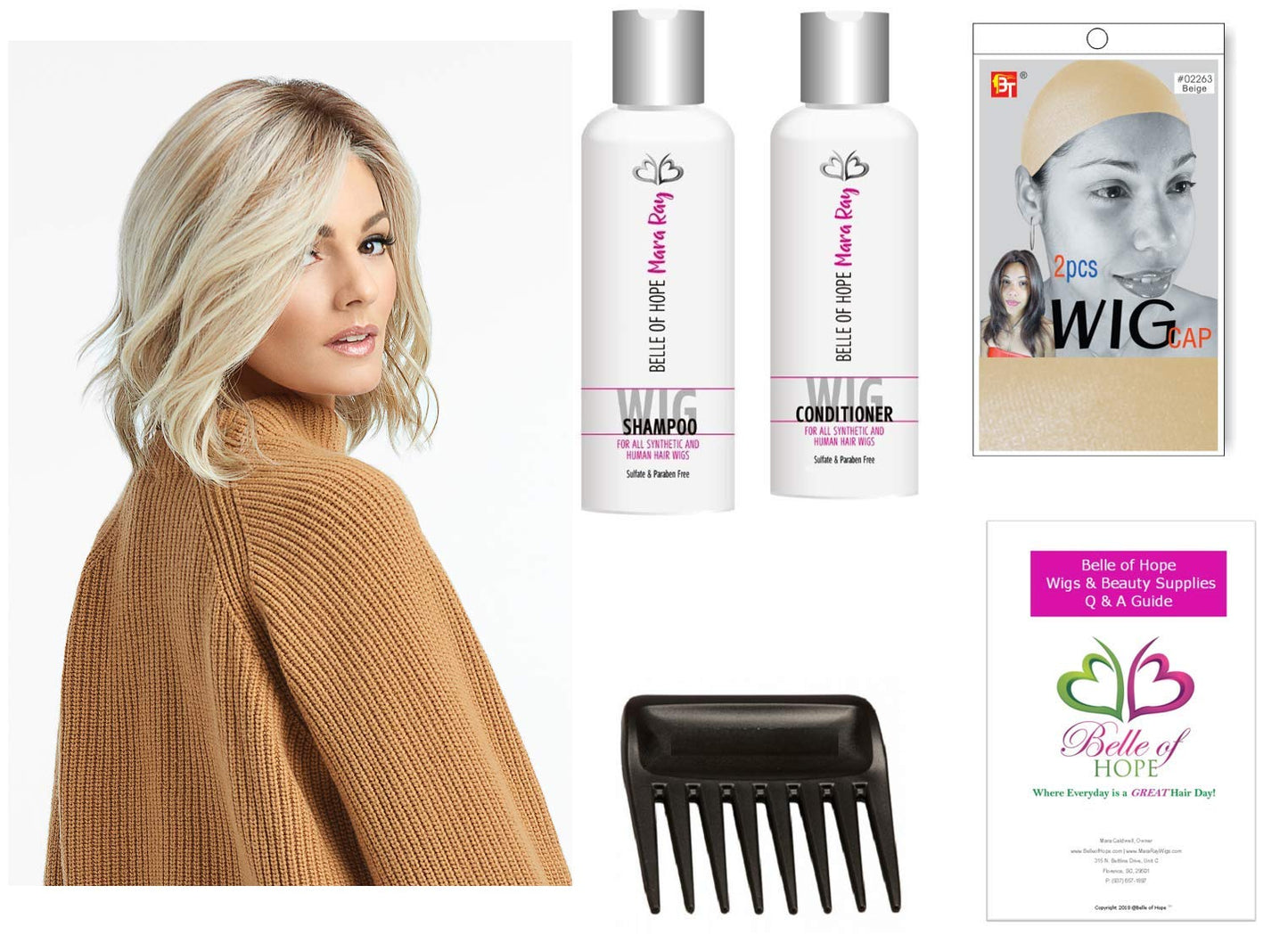 SIMMER Lace Front 6 PC Bundle: SIMMER wig, 4oz Mara Ray Luxury Shampoo & Conditioner, Comb, Beige Wig Cap, 19 Page Belle of Hope Q & A Guide (RL8/29) Beauty & Personal Care Raquel Welch, Mara Ray Belle of Hope, Beauty Town