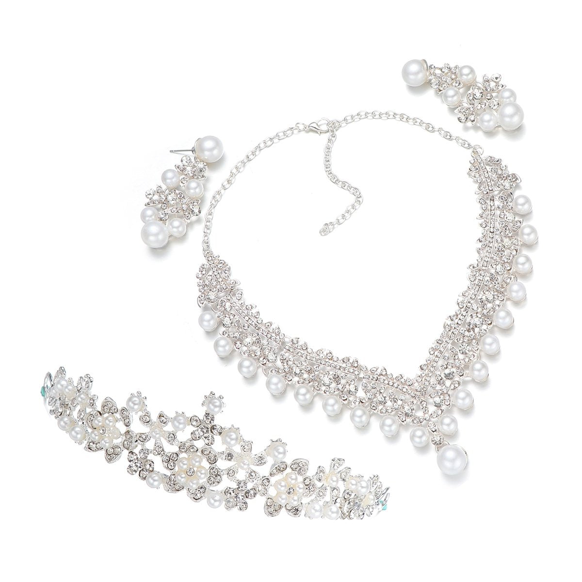 FRCOLOR Crown Tiaras for Women Wedding Bridal Jewelry Sets Rhinestone Pearl Crown Crystal Necklace Earrings Accessories for Halloween Wedding Prom