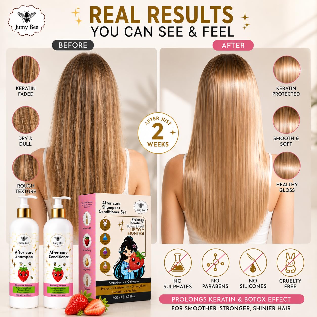 Jumybee After Care Anti-Frizz Shampoo and Conditioner Set - Strawberry Smoothie - Prolongs Keratin & Hair BTX Results - Collagen, Argan Oil, Vitamin Beauty & Personal Care Jumybee