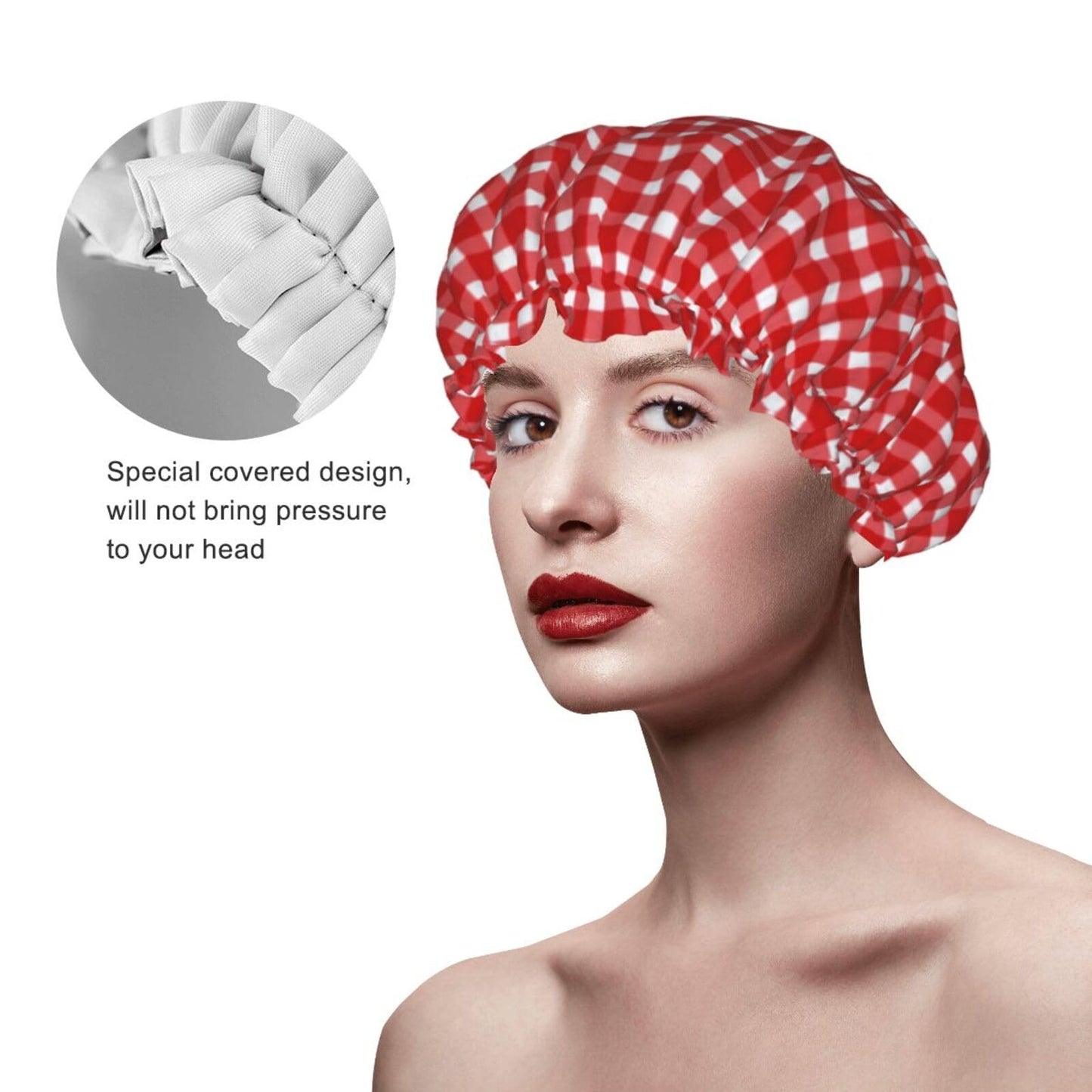 Sjilai Retro Red Gingham Shower Cap For Women Adjustable Double Waterproof Layers Bathing Shower Hat Hair Protection Reusable Ladies Spa Salon Shower Beauty and Personal Care Sjilai