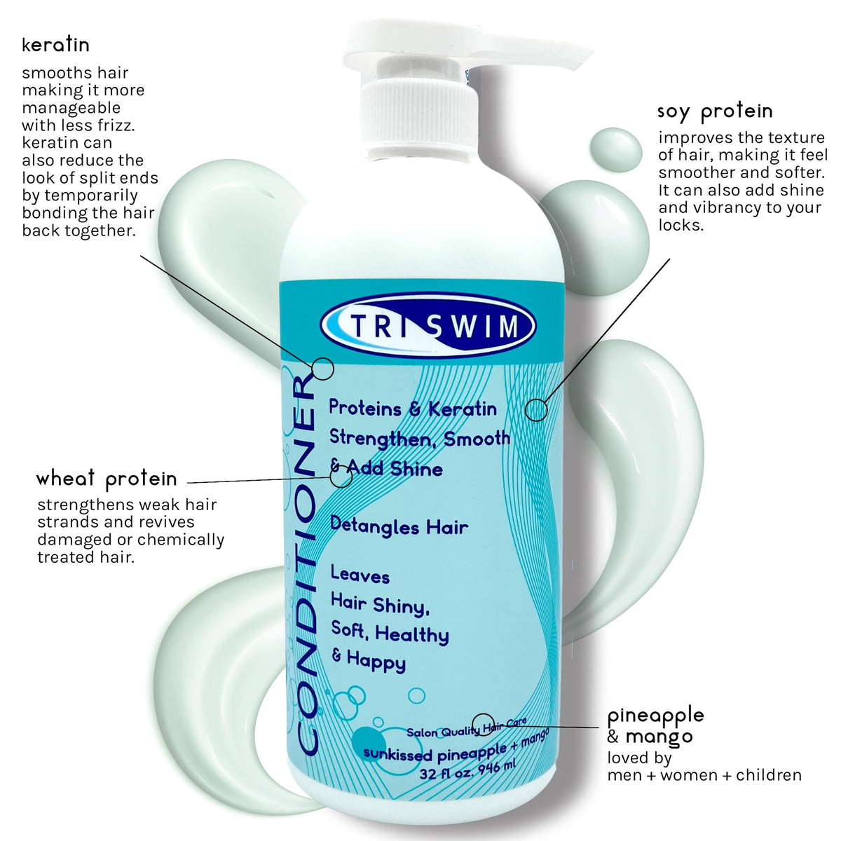TRISWIM Swim Conditioner 32oz with Pump | After Swim Hair Care for Swimmers | Value Size for Frequent Swimmers | Repairs Damage from Chlorine, Bromine
