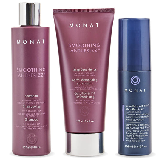 MONAT Smoothing Anti Frizz System - Frizz Resistant Hair Care with Anti Frizz Shampoo Frizz Control Conditioner & Blowout Styling Spray - Professional Beauty & Personal Care MONAT