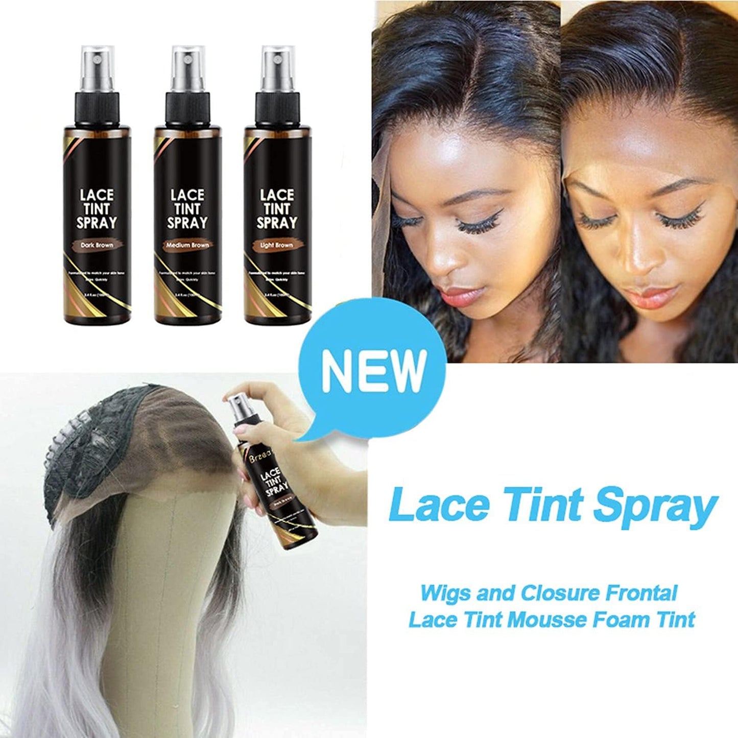 Lace Tint Spray for Wigs - Dark, Medium, and Light Brown Shades for Closures and Frontal Lace Wigs - 100ml Beauty & Personal Care Grospe